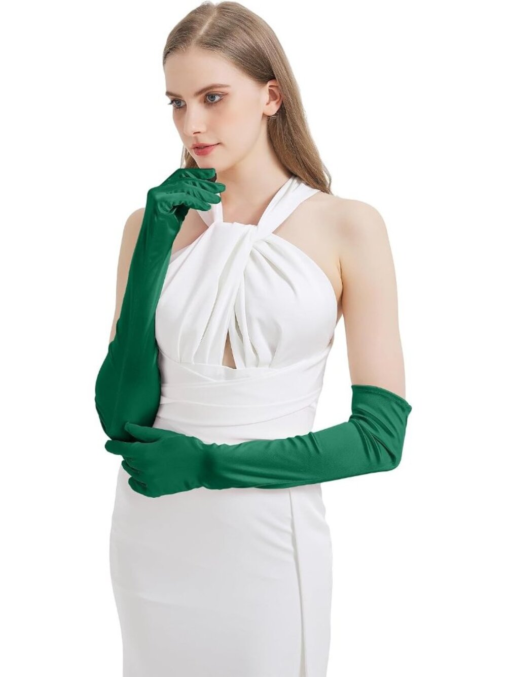 Women's Green Satin Opera Elbow Length 1920s Flapper Long Gloves Party - Picture 5 of 7